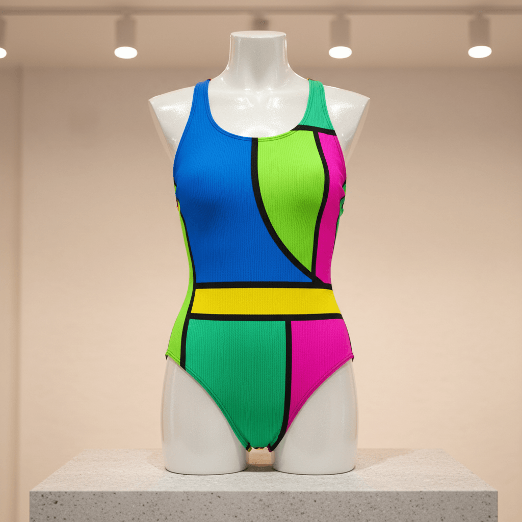 Roupas de banho coloridas e modernas expostas em loja de moda praia
