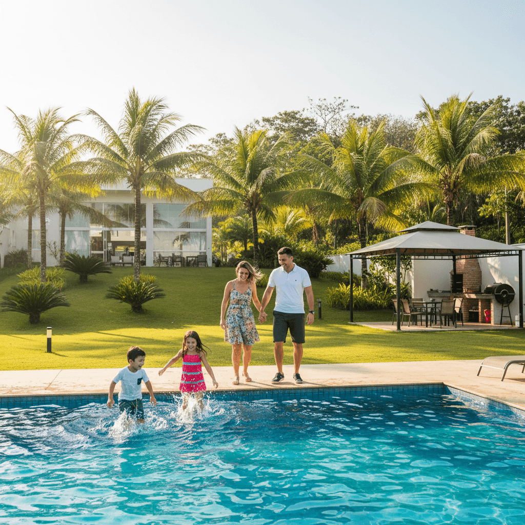 Família feliz se divertindo na piscina em dia de verão ensolarado