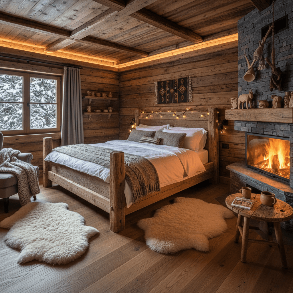 Interior confortável de chalé com cama aconchegante e decoração rústica